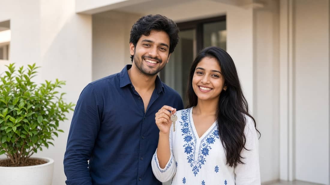 A couple outside a bright home