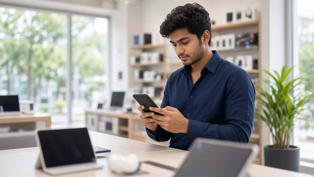A customer checking a phone in a bright shop
